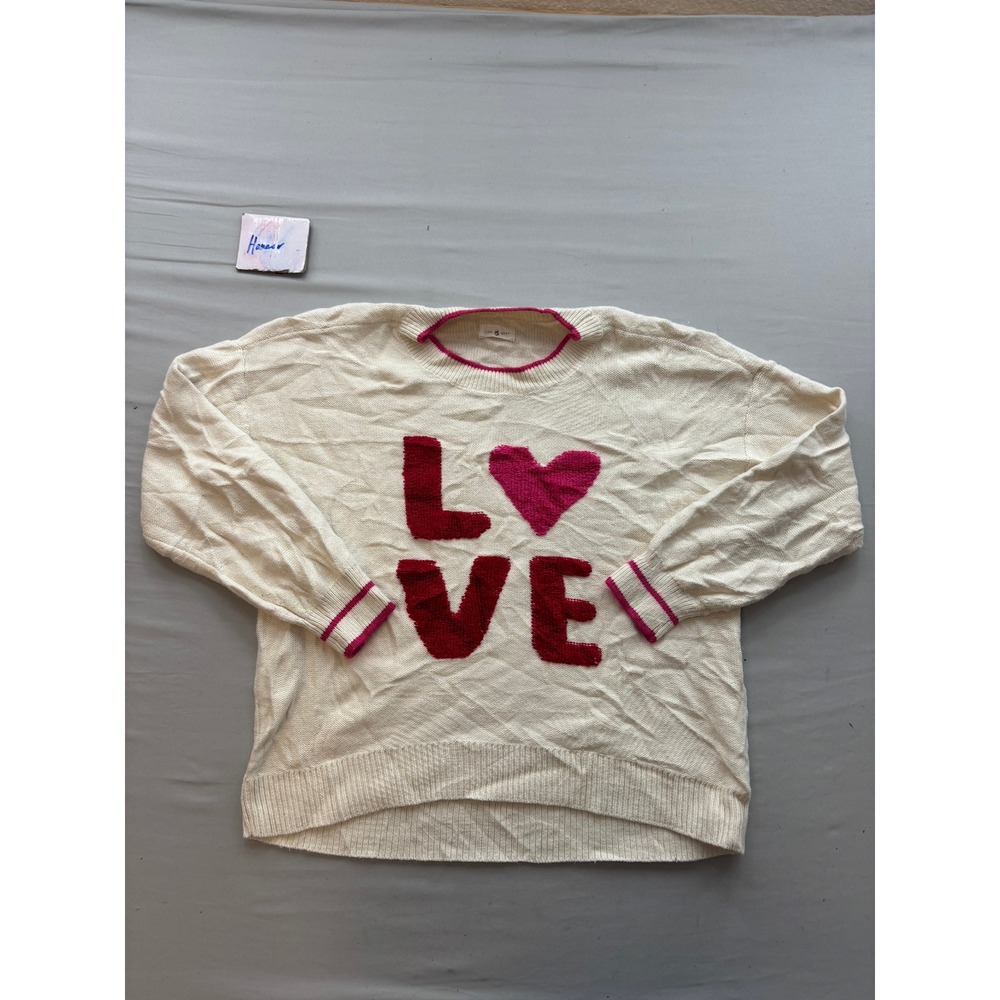 Lou & Grey Cream Love Heart Graphic Knit Sweater XL Pink Trim Crewneck Pullover
